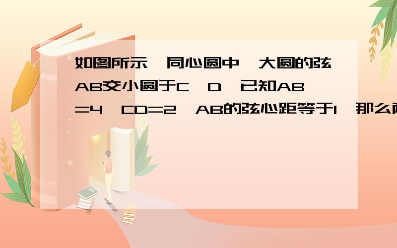 如图所示,同心圆中,大圆的弦AB交小圆于C,D,已知AB=4,CD=2,AB的弦心距等于1,那么两个同心圆的半径之比为，我要尽快回答的