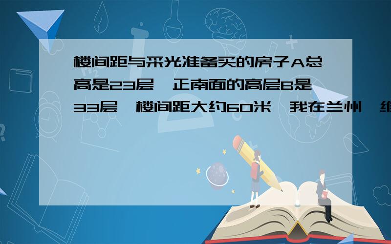 楼间距与采光准备买的房子A总高是23层,正南面的高层B是33层,楼间距大约60米,我在兰州,维度大约是38度,请问,买A高层多少层以上的房子才完全不影响冬至那天采光?谢谢!急用,在线等!补充一下