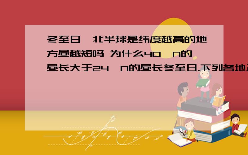 冬至日,北半球是纬度越高的地方昼越短吗 为什么40°N的昼长大于24°N的昼长冬至日，下列各地正午太阳高度角最大的是？A海口 B汕头 C上海 D北京 为什么