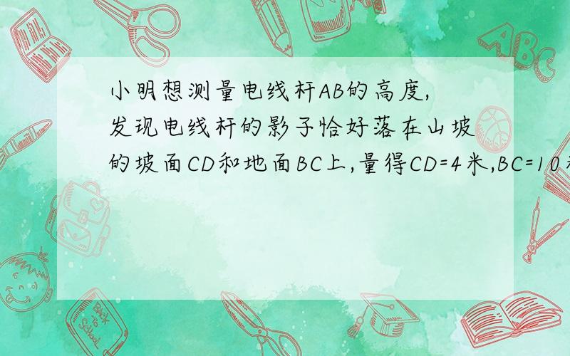 小明想测量电线杆AB的高度,发现电线杆的影子恰好落在山坡的坡面CD和地面BC上,量得CD=4米,BC=10米CD与地面成30°角,且测得1米杆的影子长为2米,则电线杆的高度为