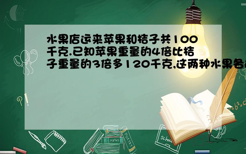 水果店运来苹果和桔子共100千克.已知苹果重量的4倍比桔子重量的3倍多120千克,这两种水果各运来多少千克用方程，要说明