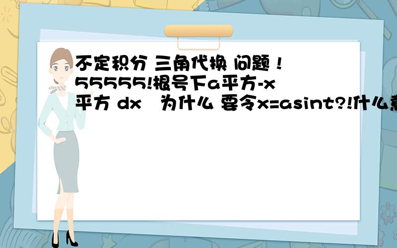 不定积分 三角代换 问题 !55555!根号下a平方-x平方 dx   为什么 要令x=asint?!什么意思 不懂!什么意思啊!?