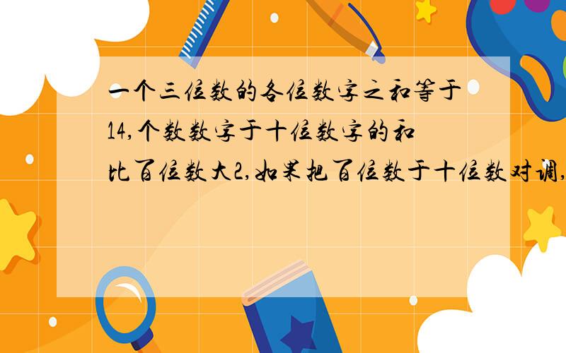 一个三位数的各位数字之和等于14,个数数字于十位数字的和比百位数大2,如果把百位数于十位数对调,所得的新数比原数小297,求原三位数.用三元一次方程解.