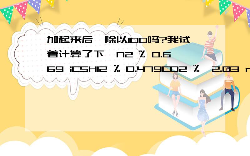 加起来后,除以100吗?我试着计算了下,N2 % 0.669 iC5H12 % 0.479CO2 %  2.03 nC5H12 % 0.389CH4 % 83.411 C6 (或C6+) % 0.269C2H6 % 6.34 C7 % 0.202C3H8 % 3.94 C8 % 0.069iC4H10 % 0.757 C9 % 0.0153nC4H10 % 1.43 C10 % 0N2:=0.932827g.我在将其