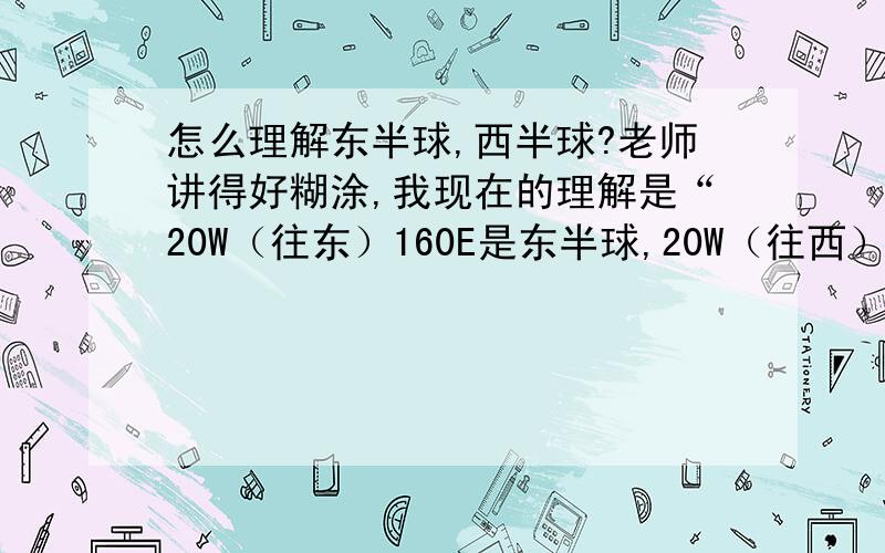 怎么理解东半球,西半球?老师讲得好糊涂,我现在的理解是“20W（往东）160E是东半球,20W（往西）-160E是西半球.对吗,如果不对,因为我考试可能有用,我现在还不懂,所以想问清楚点.请问包括20W吗