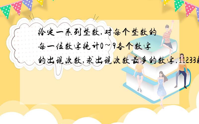 给定一系列整数,对每个整数的每一位数字统计0~9各个数字的出现次数,求出现次数最多的数字.11233输出样例：出现次数最多2次的数字是 3