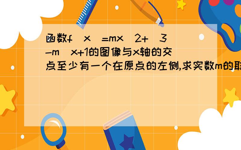 函数f(x)=mx^2+(3-m)x+1的图像与x轴的交点至少有一个在原点的左侧,求实数m的取值范围