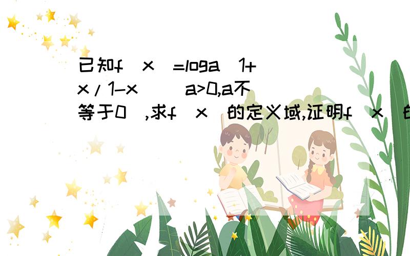 已知f(x)=loga(1+x/1-x) (a>0,a不等于0),求f(x)的定义域,证明f(x)的奇偶性,求f(x)>0的X的取值范围.