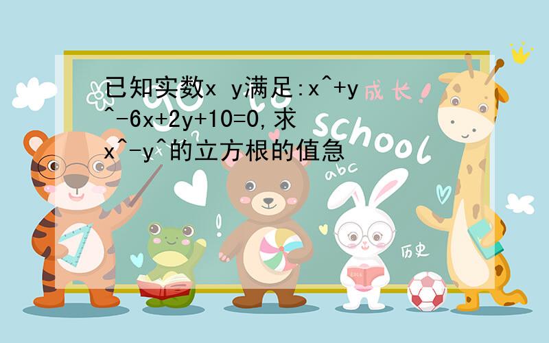 已知实数x y满足:x^+y^-6x+2y+10=0,求x^-y^的立方根的值急