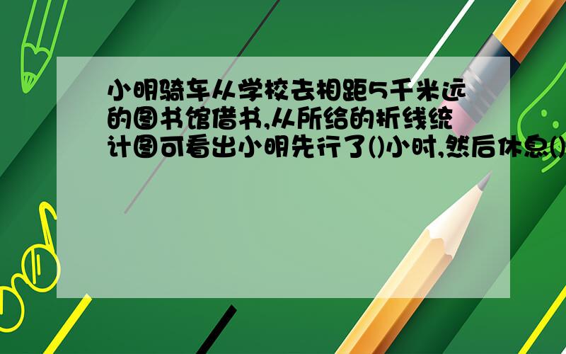 小明骑车从学校去相距5千米远的图书馆借书,从所给的折线统计图可看出小明先行了()小时,然后休息()小时后又继续行()小时到达图书馆,去平时的平均速度是每小时的(),返回的速度是每小时的