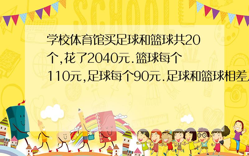 学校体育馆买足球和篮球共20个,花了2040元.篮球每个110元,足球每个90元.足球和篮球相差几个?方程