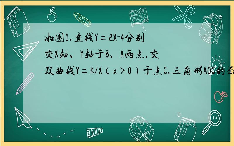 如图1,直线Y=2X-4分别交X轴、Y轴于B、A两点.交双曲线Y=K/X（x>0）于点C,三角形AOC的面积=8.在C点右侧的双曲线上是否存在点P,使角PBC=45°?若存在,求其坐标