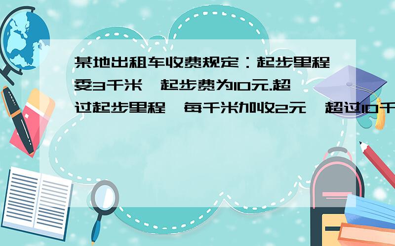 某地出租车收费规定：起步里程委3千米,起步费为10元.超过起步里程,每千米加收2元,超过10千米以上部分每千米加收3元.（1）小张乘坐出租车去开会,要行15千米,他应支付多少元的车费?（2）爸