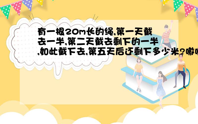 有一根20m长的绳,第一天截去一半,第二天截去剩下的一半,如此截下去,第五天后还剩下多少米?嗷嗷嗷,一道乘方问题!请大家帮帮忙,写出思路和算式,拜托啦!