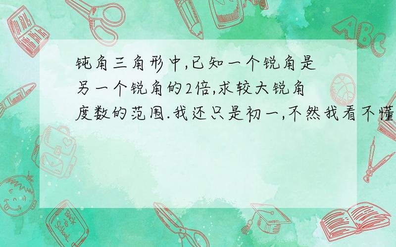 钝角三角形中,已知一个锐角是另一个锐角的2倍,求较大锐角度数的范围.我还只是初一,不然我看不懂!百度上有答案,可我看不懂,不要太深奥了!