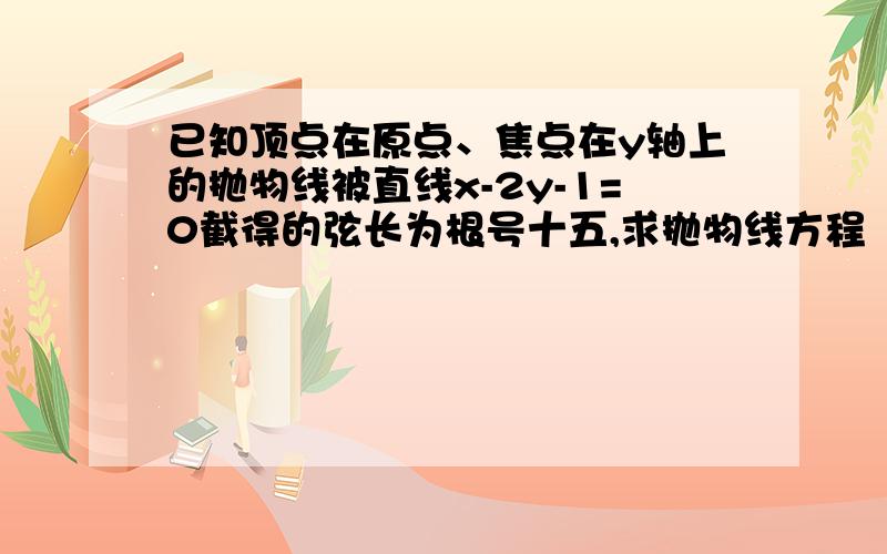 已知顶点在原点、焦点在y轴上的抛物线被直线x-2y-1=0截得的弦长为根号十五,求抛物线方程