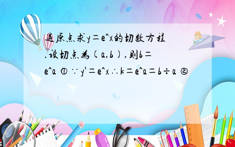 过原点求y＝e^x的切数方程.设切点为(a,b),则b＝e^a ①∵y'＝e^x∴k＝e^a＝b÷a ②