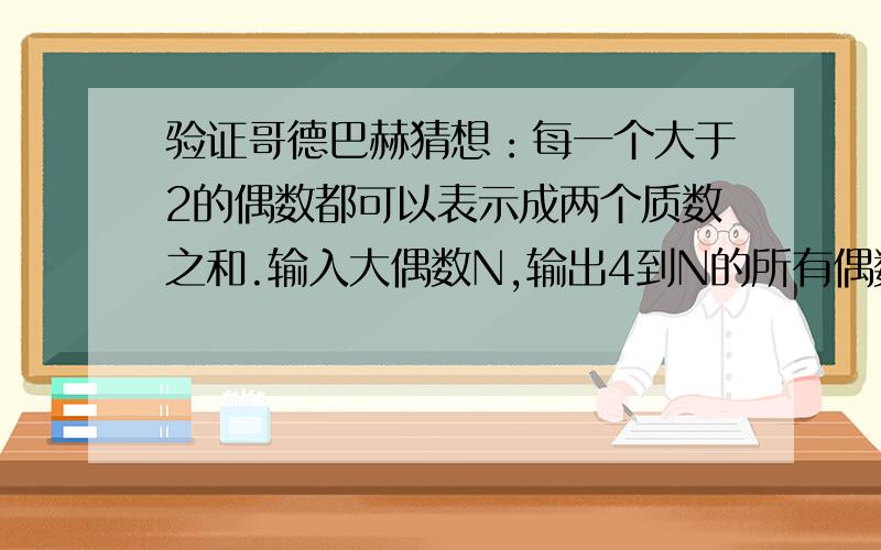 验证哥德巴赫猜想：每一个大于2的偶数都可以表示成两个质数之和.输入大偶数N,输出4到N的所有偶数的一个表示式子.输入：10输出：4=2+2 6=3+3 8=3+5 10=3+7用pascal做