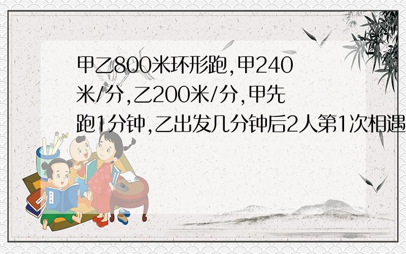 甲乙800米环形跑,甲240米/分,乙200米/分,甲先跑1分钟,乙出发几分钟后2人第1次相遇?