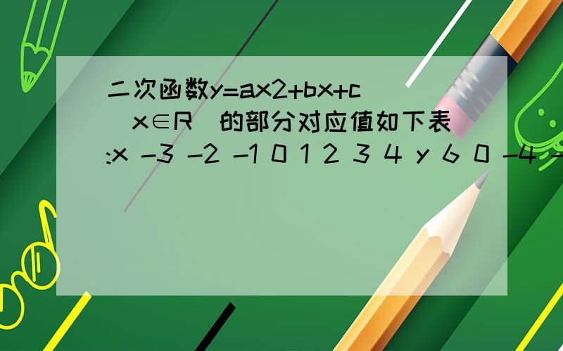 二次函数y=ax2+bx+c(x∈R)的部分对应值如下表:x -3 -2 -1 0 1 2 3 4 y 6 0 -4 -6 -6 -4 0 6 则不等式ax二次函数y=ax2+bx+c(x∈R)的部分对应值如下表x -3 -2 -1 0 1 2 3 4y 6 0 -4 -6 -6 -4 0 6则不等式ax2+bx+c＞0的解集是___