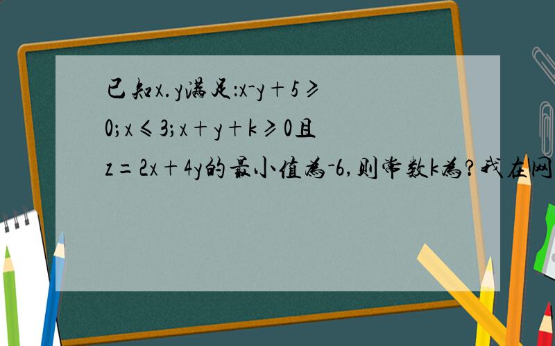 已知x.y满足：x-y+5≥0；x≤3；x+y+k≥0且z=2x+4y的最小值为-6,则常数k为?我在网上看了一些答案,都说在(3,-3)时z最小,能告诉我怎么是怎么找到这个点的吗