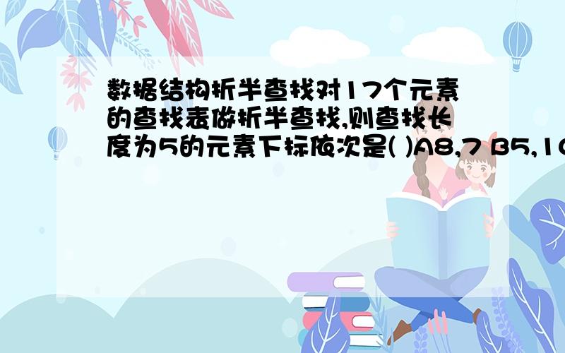 数据结构折半查找对17个元素的查找表做折半查找,则查找长度为5的元素下标依次是( )A8,7 B5,10,12 C9,16 D 9,17