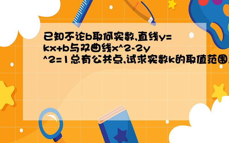 已知不论b取何实数,直线y=kx+b与双曲线x^2-2y^2=1总有公共点,试求实数k的取值范围急用