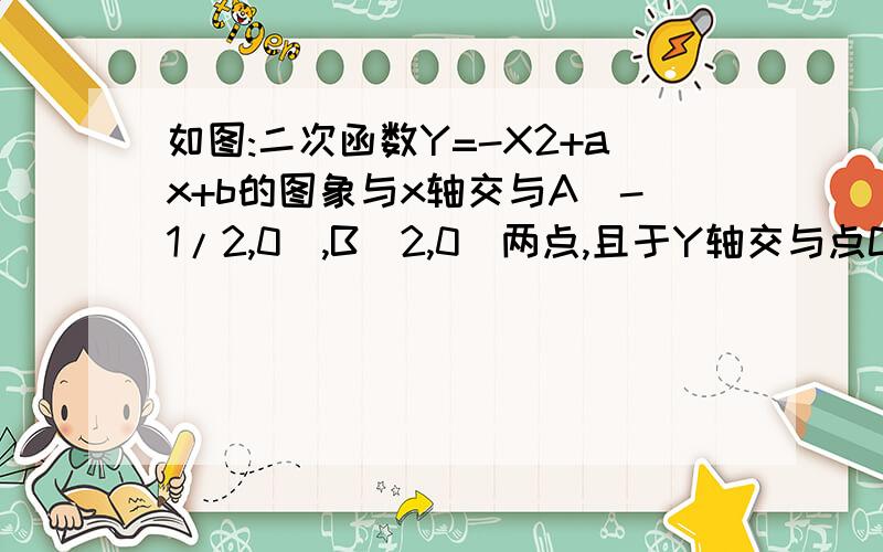 如图:二次函数Y=-X2+ax+b的图象与x轴交与A(-1/2,0),B(2,0)两点,且于Y轴交与点C.（1）求该抛物线的解析式（1）求该抛物线的解析式.（2）在x轴上方的抛物线上有一点D,且A.C.D.B四点为顶点的四边形是