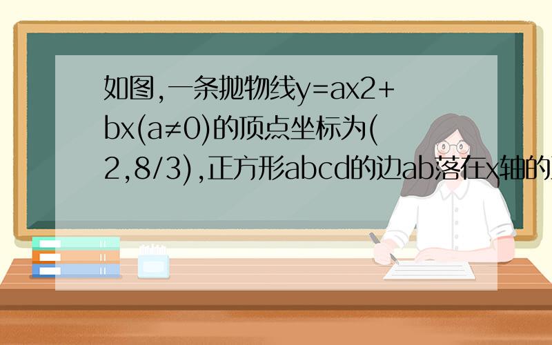 如图,一条抛物线y=ax2+bx(a≠0)的顶点坐标为(2,8/3),正方形abcd的边ab落在x轴的正半轴上,顶点c d在这条抛物线上求这条抛物线的表达式求正方形abcd的边长