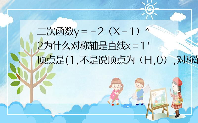 二次函数y＝－2（X－1）^2为什么对称轴是直线x＝1'顶点是(1,不是说顶点为（H,0）,对称轴为x=H H=-1啊