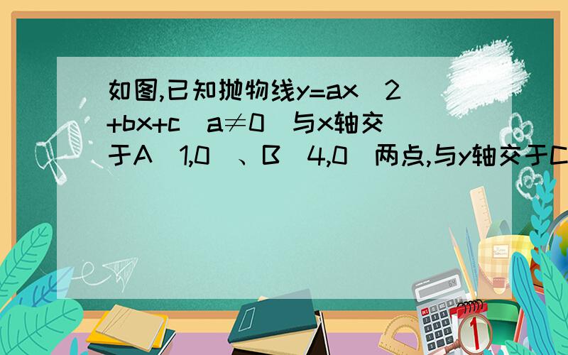 如图,已知抛物线y=ax^2+bx+c(a≠0)与x轴交于A（1,0）、B（4,0）两点,与y轴交于C（0,2）,连接AC、BC.（1）求抛物线解析式（2）BC的垂直平分线交抛物线与D、E两点,求直线DE的解析式（3）若点P在抛物