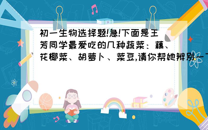 初一生物选择题!急!下面是王芳同学最爱吃的几种蔬菜：藕、花椰菜、胡萝卜、菜豆,请你帮她辨别一下,这些蔬菜食用部位主要属于哪种器官?A.根、花=根、果实   B.茎、花、根、果实C.茎、叶