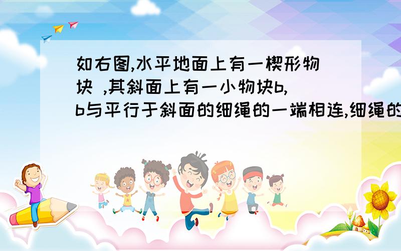 如右图,水平地面上有一楔形物块 ,其斜面上有一小物块b,b与平行于斜面的细绳的一端相连,细绳的另一端固定在斜面上．a与b之间光滑,a和b以共同速度在地面轨道的光滑段向左运动．当它们刚