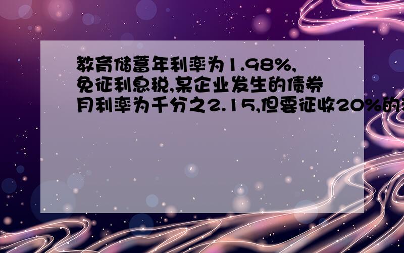 教育储蓄年利率为1.98%,免征利息税,某企业发生的债券月利率为千分之2.15,但要征收20%的利息税,为获取大回报,投资者应选择那种储蓄呢?某人存入28000元,一年到期后可以多收益多少?