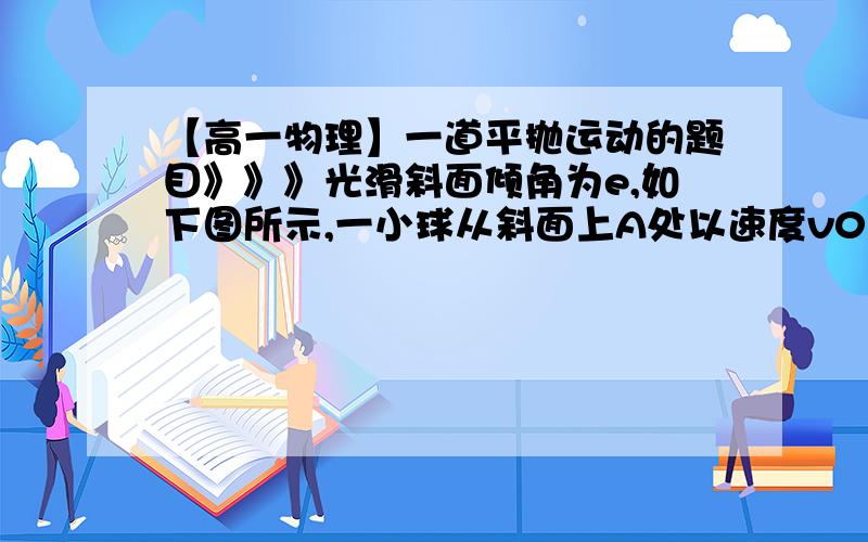 【高一物理】一道平抛运动的题目》》》光滑斜面倾角为e,如下图所示,一小球从斜面上A处以速度v0弹出,v0的方向平行斜面上、下底边.小球沿斜面运动到底边B处.若A处高度为h,问：从A到B用了