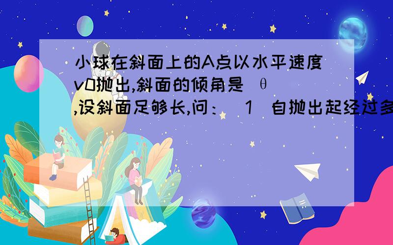 小球在斜面上的A点以水平速度v0抛出,斜面的倾角是 θ ,设斜面足够长,问：（1）自抛出起经过多长时间小球离斜面最远?（2）小球落地点B距A点多远?