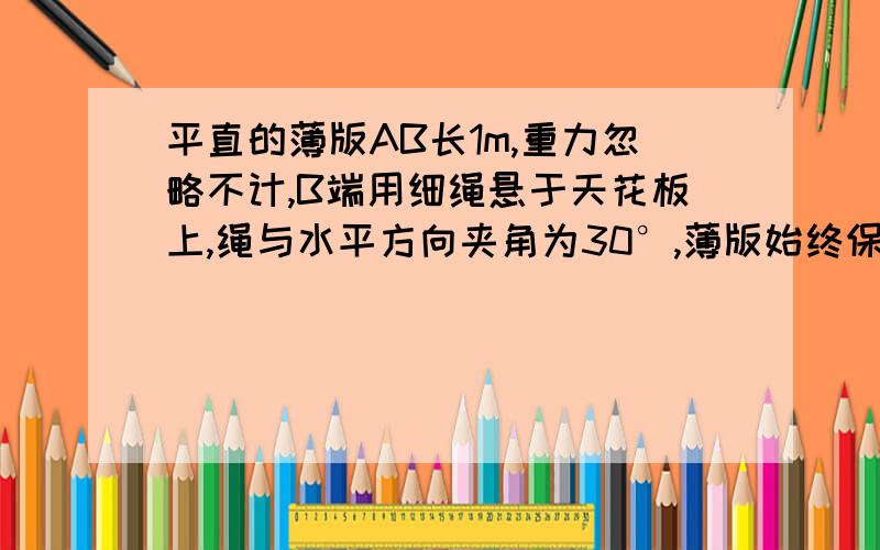 平直的薄版AB长1m,重力忽略不计,B端用细绳悬于天花板上,绳与水平方向夹角为30°,薄版始终保持水平,一辆重5N、功率为1W的电动小车,从A端以0.2m/s的速度向右匀速行驶4s,牺牲恰好被拉断.（1）小