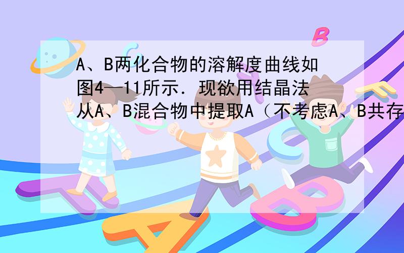 A、B两化合物的溶解度曲线如图4—11所示．现欲用结晶法从A、B混合物中提取A（不考虑A、B共存时对各自溶解度的影响）．取m g（大于30g）混合物,将它溶于50g热水中然后冷却至20℃,要使A析出,