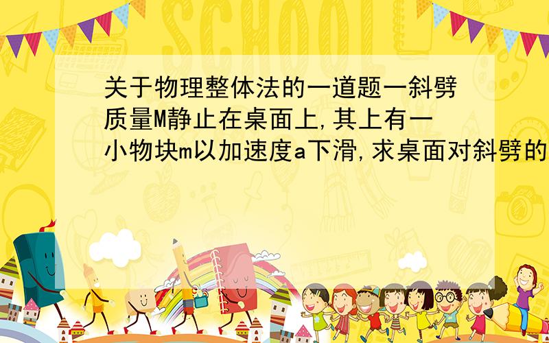 关于物理整体法的一道题一斜劈质量M静止在桌面上,其上有一小物块m以加速度a下滑,求桌面对斜劈的支持力......请求出支持力的大小,