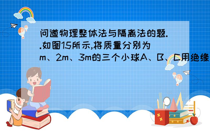 问道物理整体法与隔离法的题..如图15所示,将质量分别为m、2m、3m的三个小球A、B、C用绝缘细线相连,其中B球带+Q电量,A、C两球不带电,并将A球固定住,三球均处于静止状态．A、B间细线的张力等