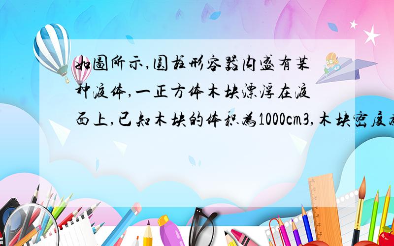 如图所示,圆柱形容器内盛有某种液体,一正方体木块漂浮在液面上,已知木块的体积为1000cm3,木块密度为0.7X103kg/m3,容器底面积是木块底面积的2倍,g取10N/kg,求：（1）木块受到的浮力 （2）要使木