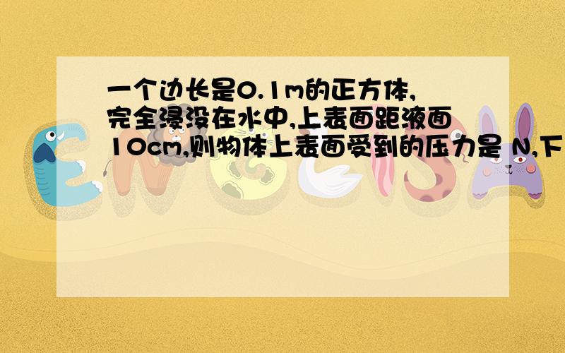 一个边长是0.1m的正方体,完全浸没在水中,上表面距液面10cm,则物体上表面受到的压力是 N,下表面受到的压力是 N,上下表面所受的浮力是 N.