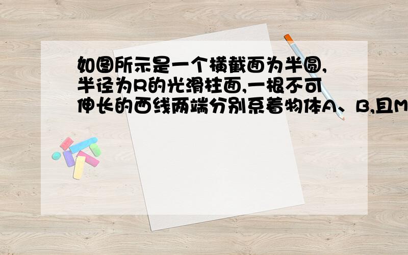 如图所示是一个横截面为半圆,半径为R的光滑柱面,一根不可伸长的西线两端分别系着物体A、B,且Ma=1.2Mb,由图示位置从静止开始释放A物体,当物体B达到圆柱顶点时,求绳的张力对物体B所做的功