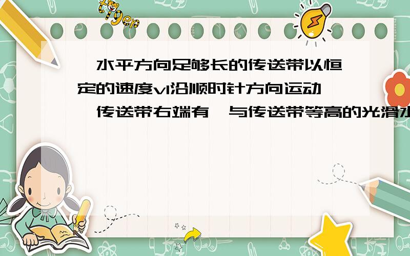 一水平方向足够长的传送带以恒定的速度v1沿顺时针方向运动,传送带右端有一与传送带等高的光滑水平面,物体以速率v2沿直线向左滑上传送带后,经过一段时间又返回光滑水平面上,这时速率