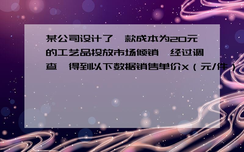 某公司设计了一款成本为20元的工艺品投放市场倾销,经过调查,得到以下数据销售单价X（元/件） 30 40 50 60每天销售量Y（件） 500 400 300 200（1）求Y和X的函数解析式（2）当销售单价为多少时,工