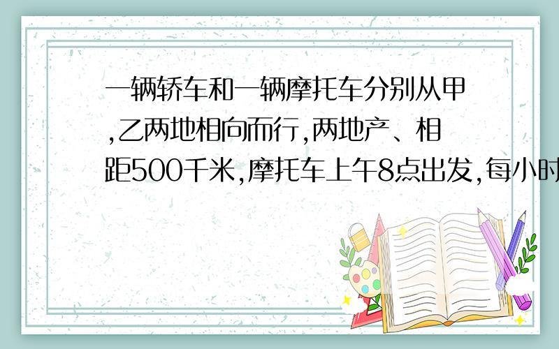 一辆轿车和一辆摩托车分别从甲,乙两地相向而行,两地产、相距500千米,摩托车上午8点出发,每小时行40千米,轿车上午10点出发,每小时行60千米.几点两车可以相遇?用方程