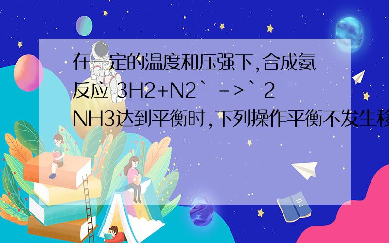 在一定的温度和压强下,合成氨反应 3H2+N2`->`2NH3达到平衡时,下列操作平衡不发生移动的是（ ） （A） 恒温恒压充入氨气（B） 恒温恒压充入氮气（C） 恒温恒容充入氦气（D） 恒温恒压充入氦