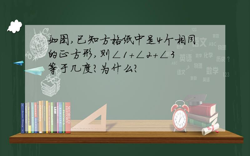 如图,已知方格纸中是4个相同的正方形,则∠1+∠2+∠3等于几度?为什么?