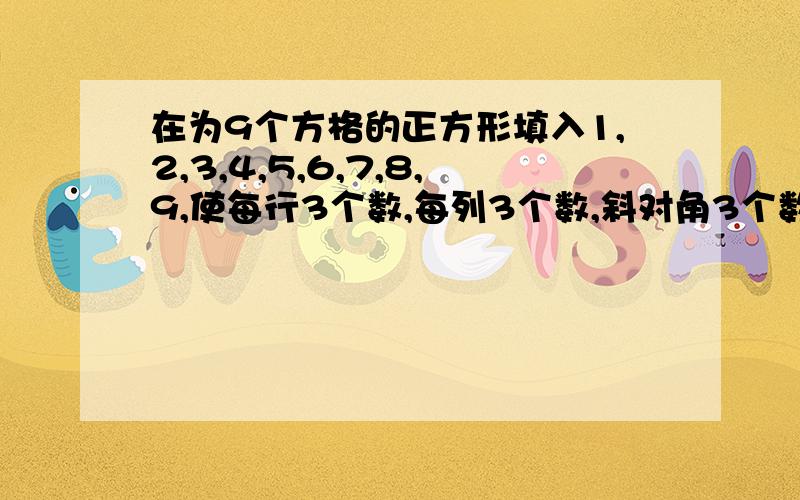 在为9个方格的正方形填入1,2,3,4,5,6,7,8,9,使每行3个数,每列3个数,斜对角3个数之和均相等