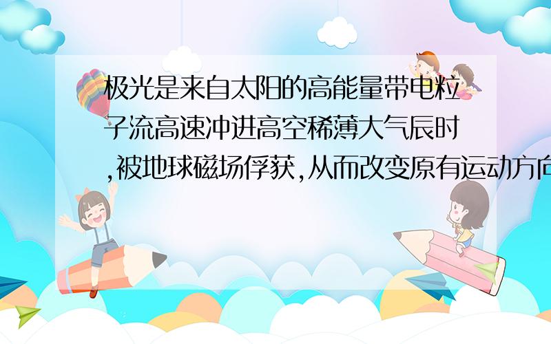 极光是来自太阳的高能量带电粒子流高速冲进高空稀薄大气辰时,被地球磁场俘获,从而改变原有运动方向,向两极做螺旋运动.这些高能粒子在运动过程中与大气分子或原子剧烈碰撞或摩擦从而